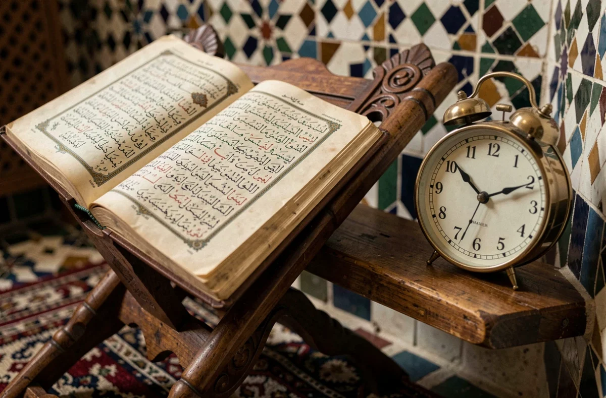 Coran ouvert et horloge posés dans une mosquée indiquant l'heure de la prière joumoua du vendredi à Bordeaux