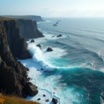 Côte de Terre-Neuve vue d'en haut avec vagues et bateaux