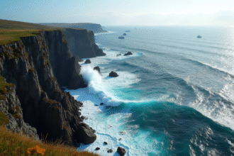 Côte de Terre-Neuve vue d'en haut avec vagues et bateaux