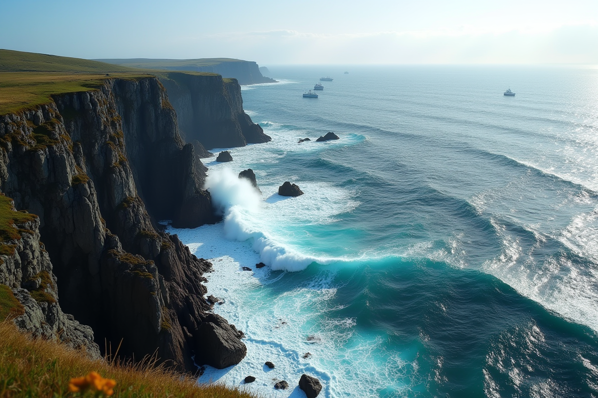 Côte de Terre-Neuve vue d'en haut avec vagues et bateaux