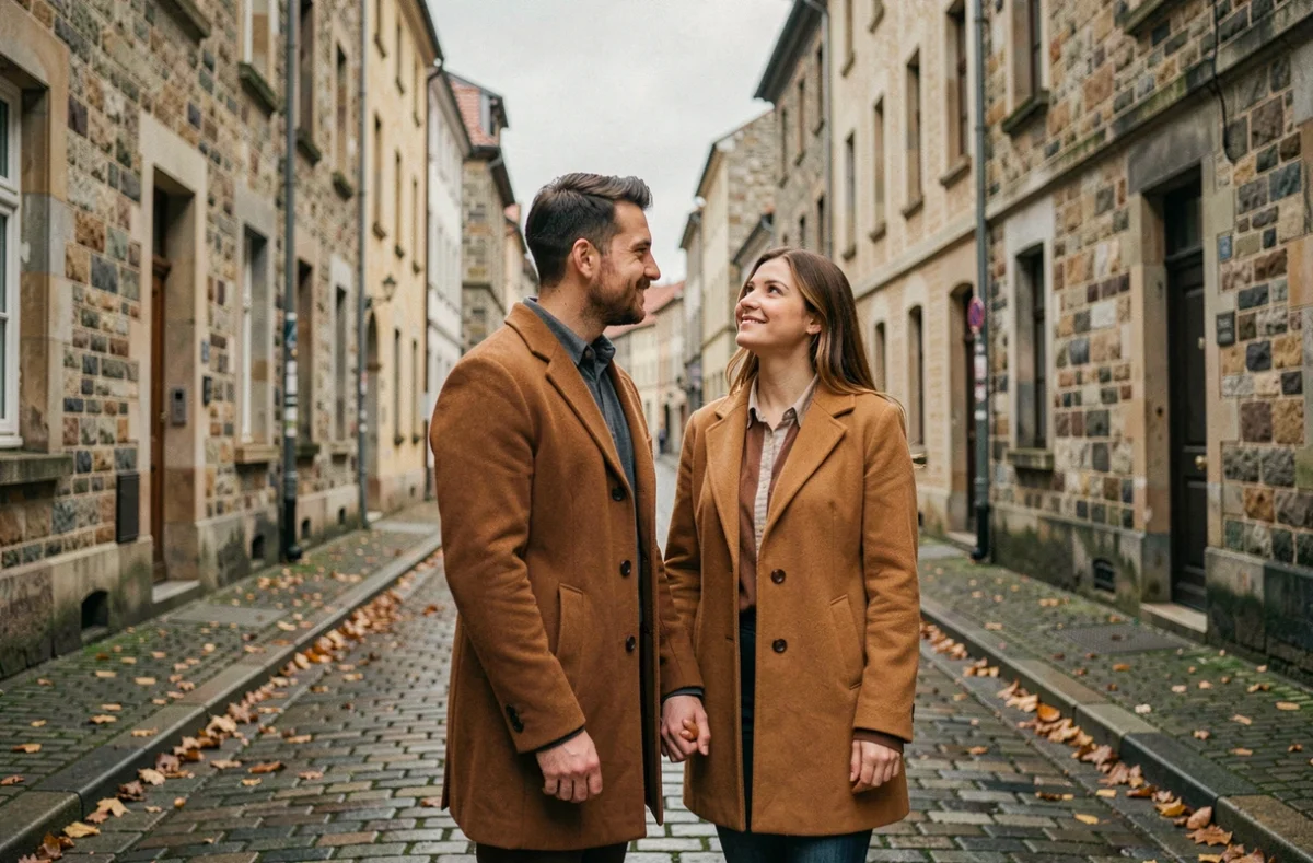 Couple amoureux dans une rue pavée évoquant la signification spirituelle de l'heure 12h21 en amour
