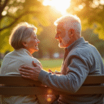 Couple âgé assis sur un banc dans un parc ensoleillé