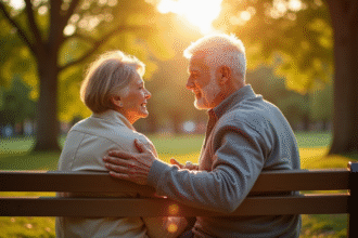 Couple âgé assis sur un banc dans un parc ensoleillé