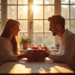 Couple heureux échangeant des cadeaux élégants à la table