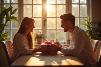 Couple heureux échangeant des cadeaux élégants à la table