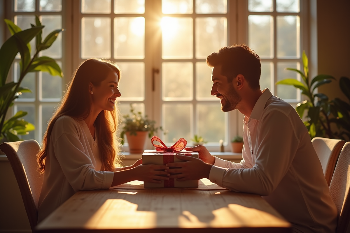 Couple heureux échangeant des cadeaux élégants à la table