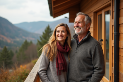 Couple souriant devant un chalet en forêt en automne