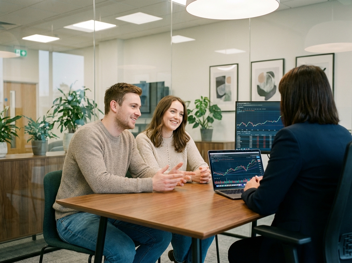 Jeune couple discutant avec un conseiller financier au bureau