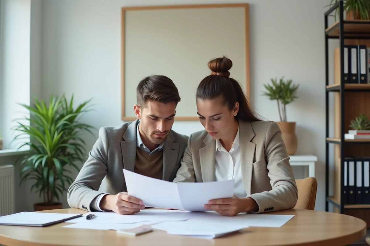Jeune couple en consultation juridique gratuite chez un notaire, examinant des documents lors d'un entretien préparatoire