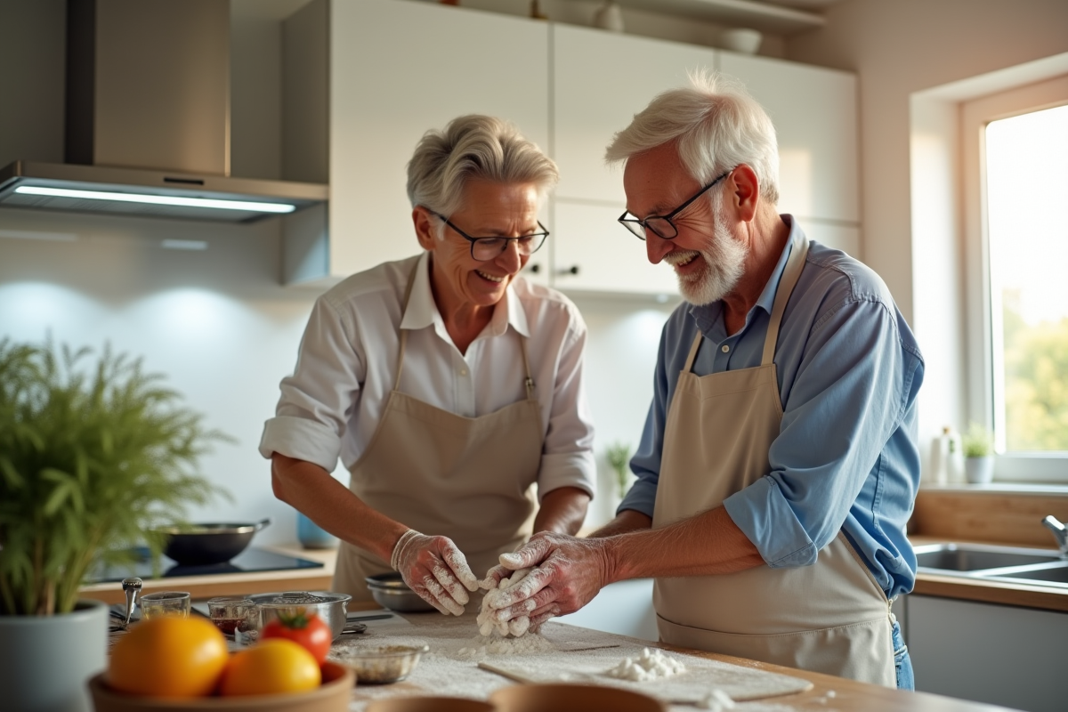 Couple mature cuisinant ensemble dans une cuisine lumineuse