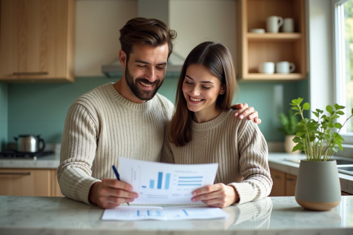 Jeune couple discutant de documents énergétiques dans une cuisine lumineuse