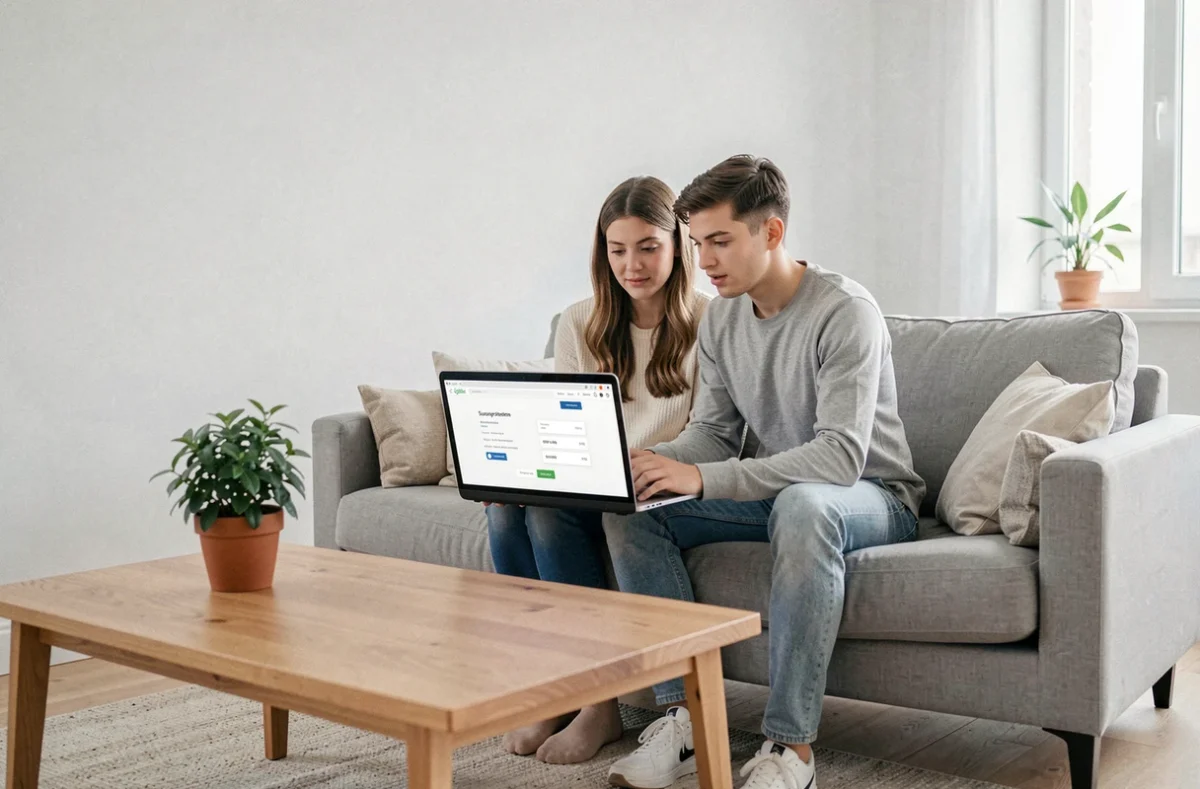 Couple examinant ensemble une page de tarifs sur un ordinateur portable dans leur salon moderne
