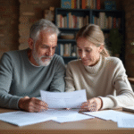 Couple français examine une déclaration de revenus à la maison