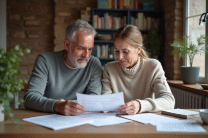 Couple français examine une déclaration de revenus à la maison