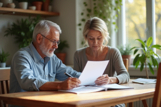 Couple confiant examinant des documents d'investissement à la maison