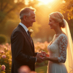 Couple mature échangeant des vœux dans un jardin en fleurs