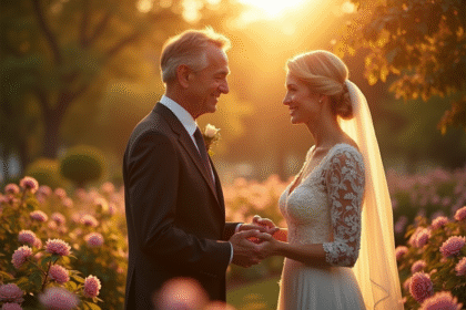 Couple mature échangeant des vœux dans un jardin en fleurs
