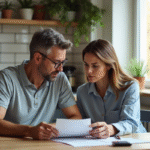 Couple d'âge moyen examinant des documents de prêt immobilier