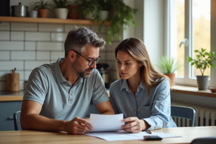 Couple d'âge moyen examinant des documents de prêt immobilier