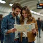 Jeune couple dans le métro de Paris regardant un plan Ligne 4