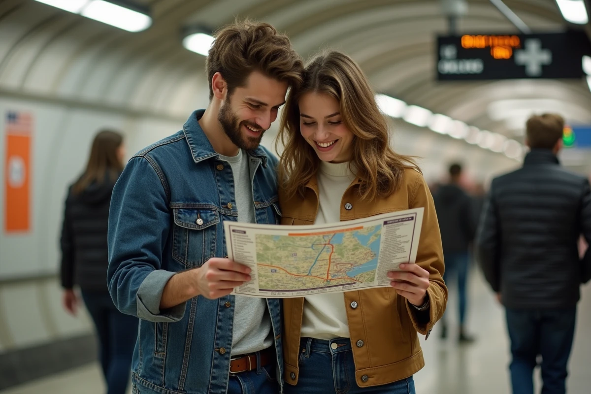 Jeune couple dans le métro de Paris regardant un plan Ligne 4