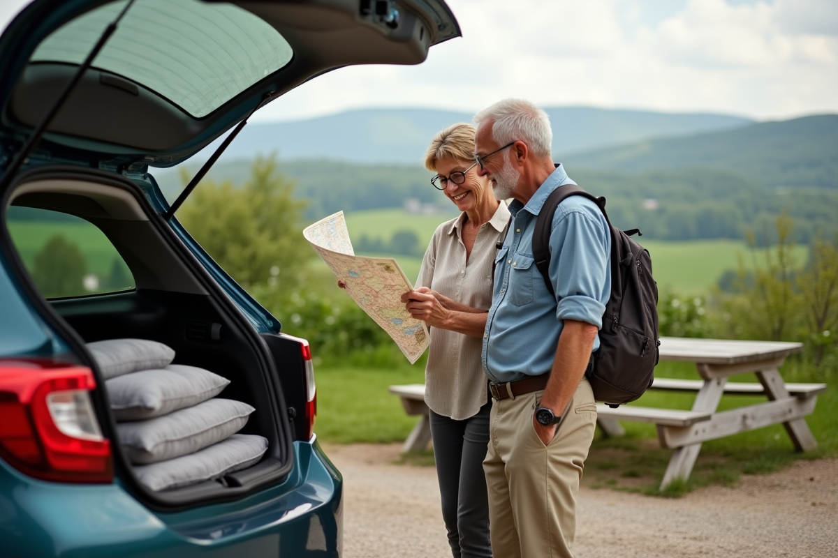 Couple planifiant un voyage avec carte et smartphone en plein air