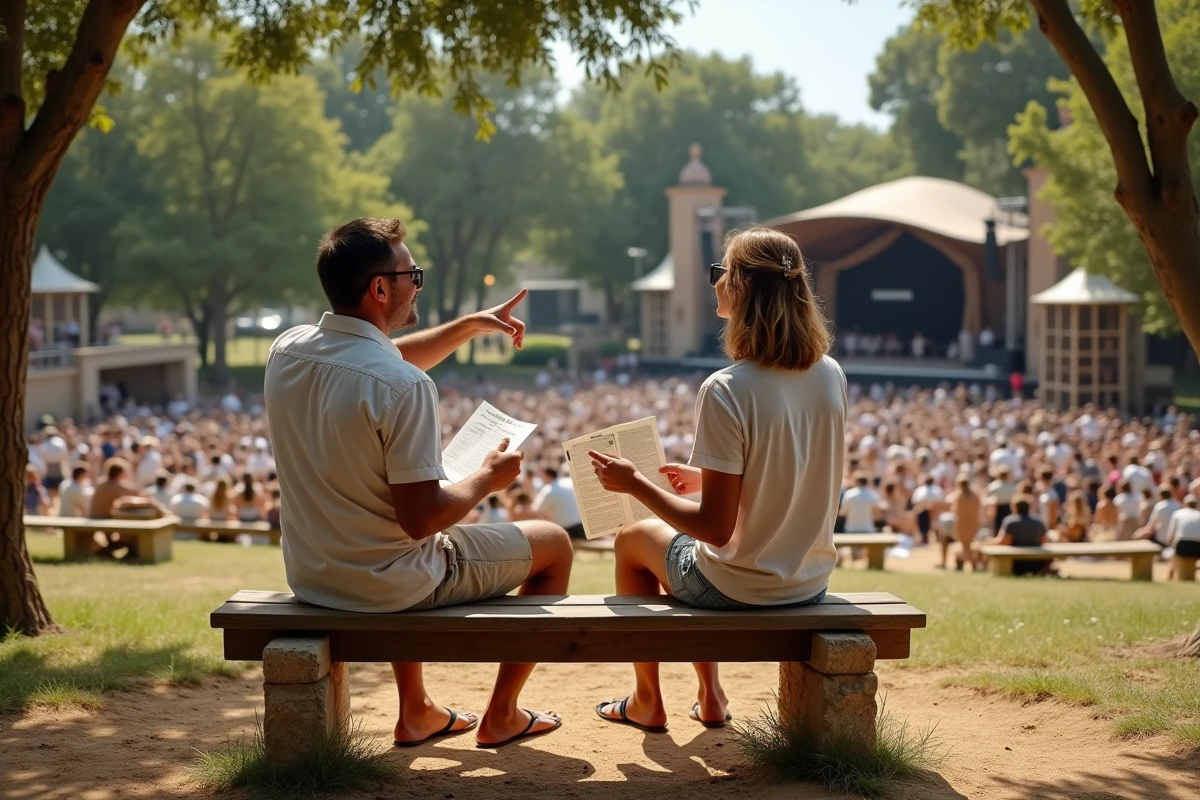 Couple étudiant le programme du festival de Luynes assis sur un banc en bois devant la scène principale