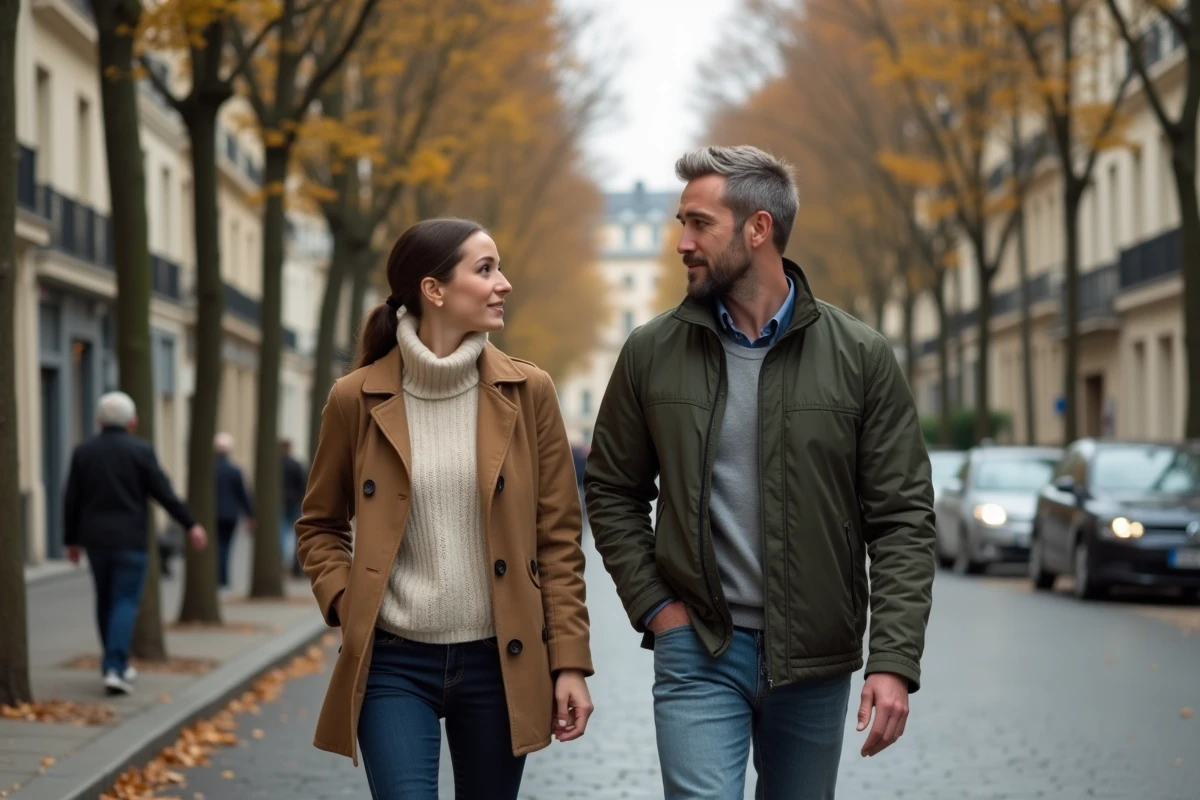 Couple se promenant dans une rue parisienne en automne, illustrant des rumeurs de relation publique entre célébrités