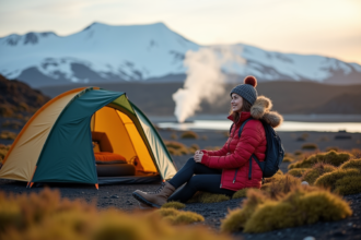 Jeune couple randonneurs devant un paysage géothermique en Islande