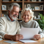 Couple retraités souriants examinant des documents financiers à la maison
