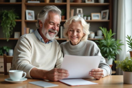 Couple retraités souriants examinant des documents financiers à la maison
