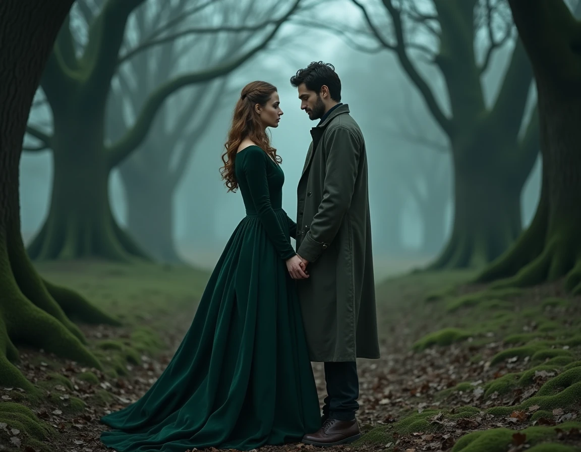 Couple en tension romantique dans une forêt brumeuse évoquant l'univers romantasy dark