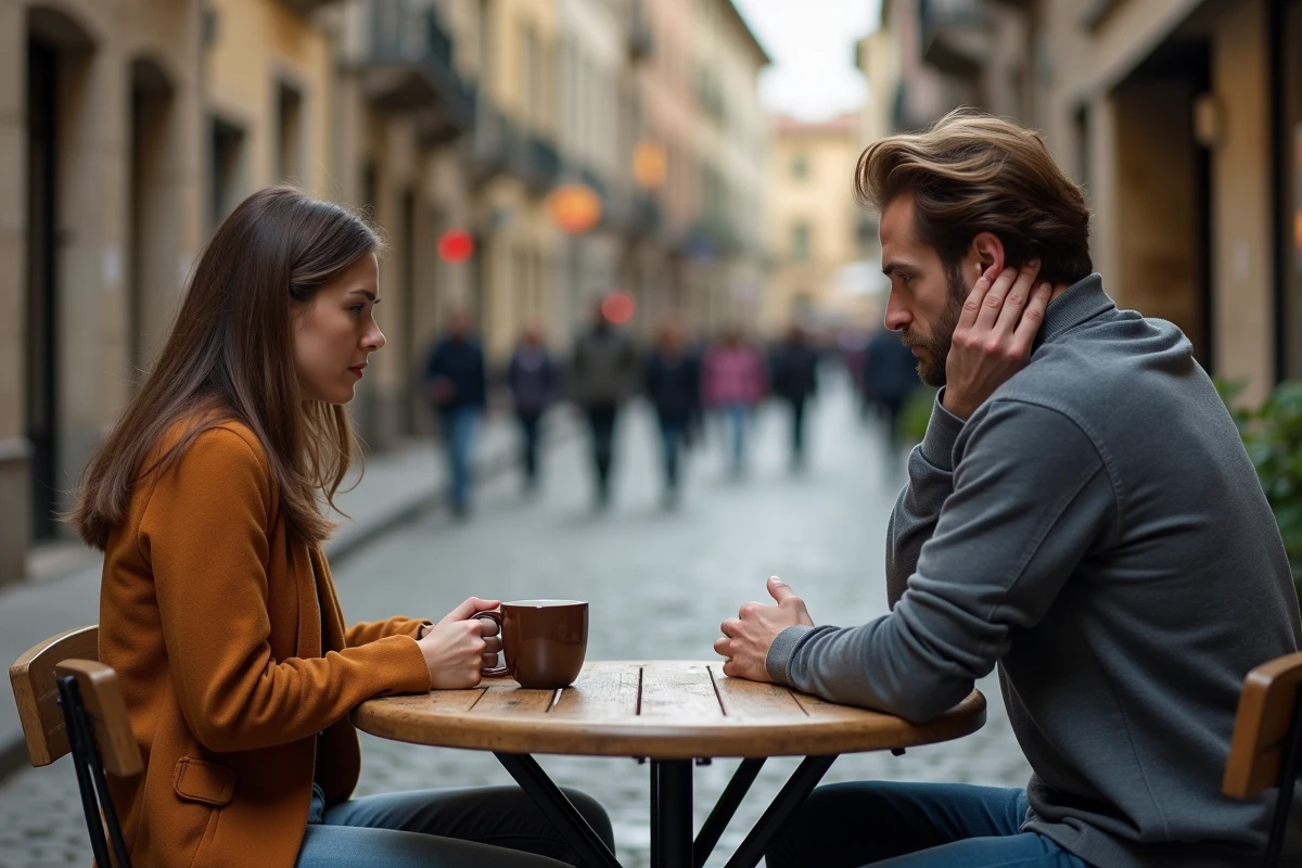 Couple en silence à une terrasse de café, assis loin l'un de l'autre, évoquant la tension et la distance lors d'une séparation de flammes jumelles