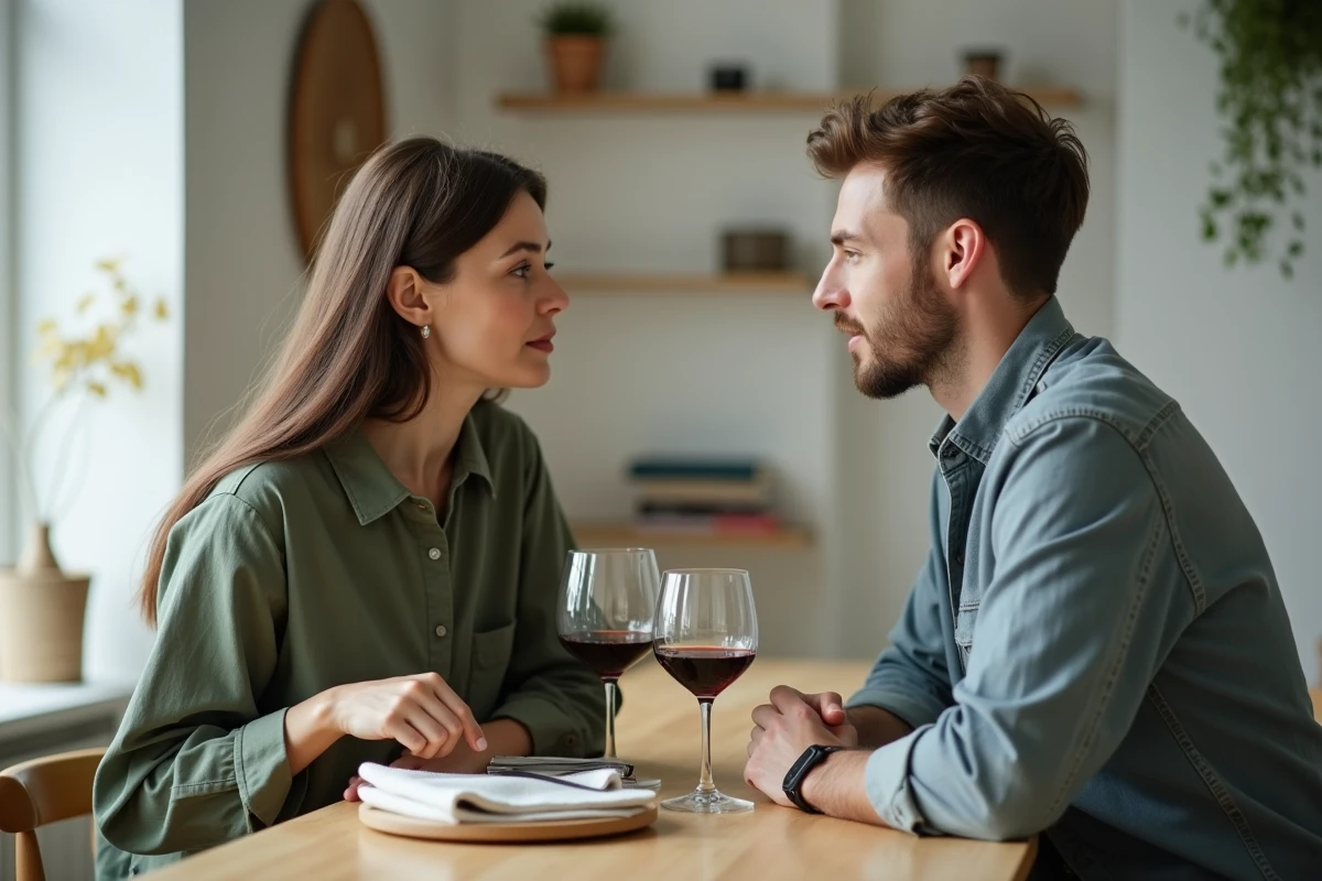 Couple silencieux face à face à une table d'appartement scandinave, échangeant un regard chargé d'émotion non dite et de manque retenu