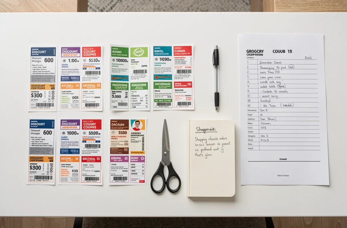 Coupons de réduction imprimés triés et organisés sur un bureau avec ciseaux et liste de courses pour planifier ses économies
