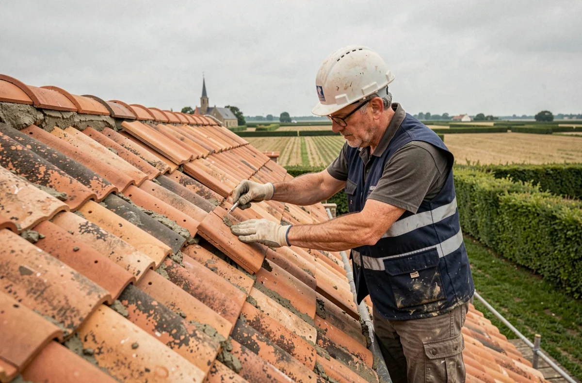 Couvreur du Nord remplaçant les tuiles faîtières d'une longère vendéenne avec vue sur le bocage