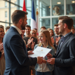 Groupe de personnes applaudissant dans une mairie moderne avec drapeaux français