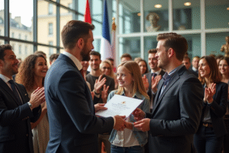 Groupe de personnes applaudissant dans une mairie moderne avec drapeaux français
