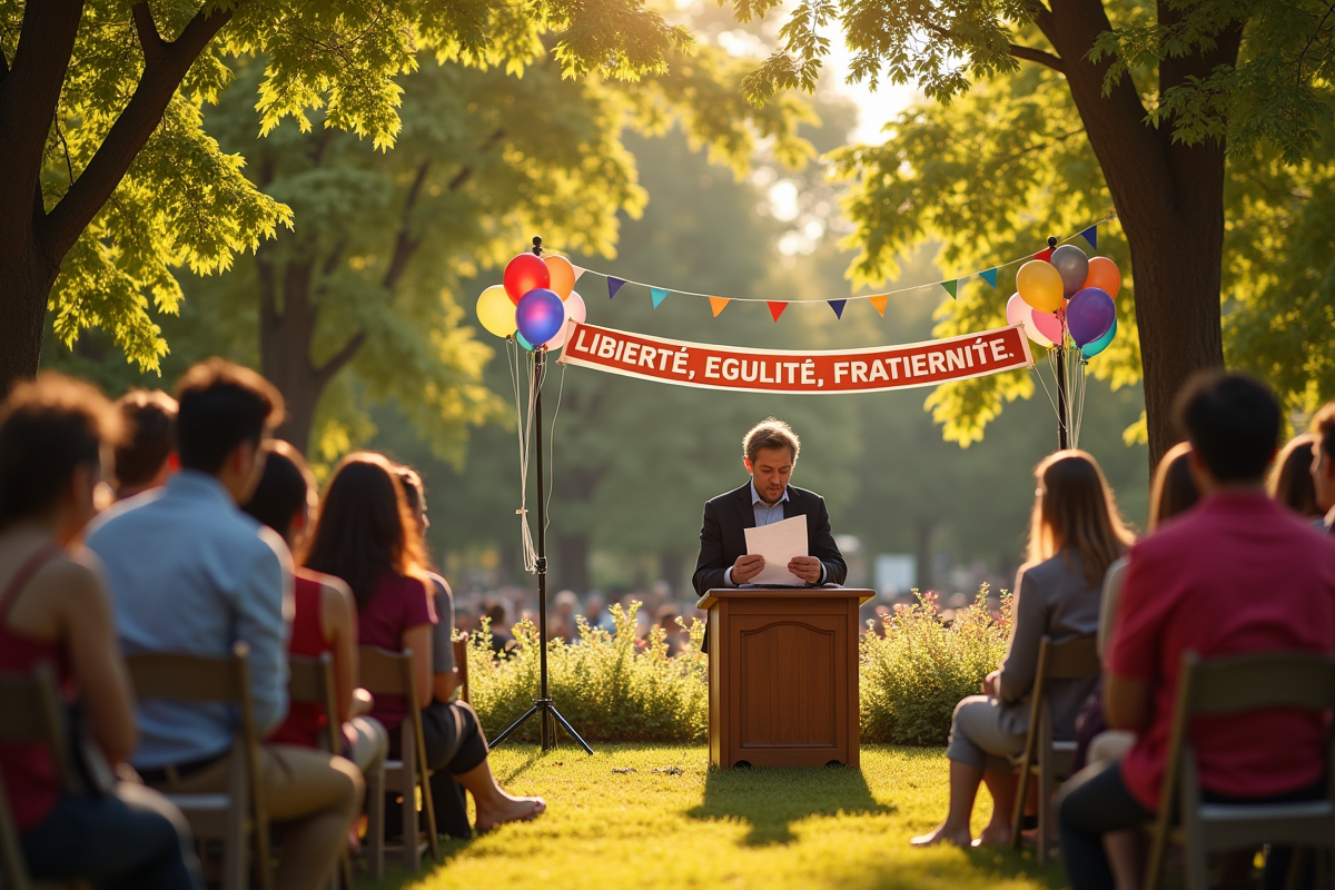 Cérémonie républicaine en plein air avec familles et ballons colorés