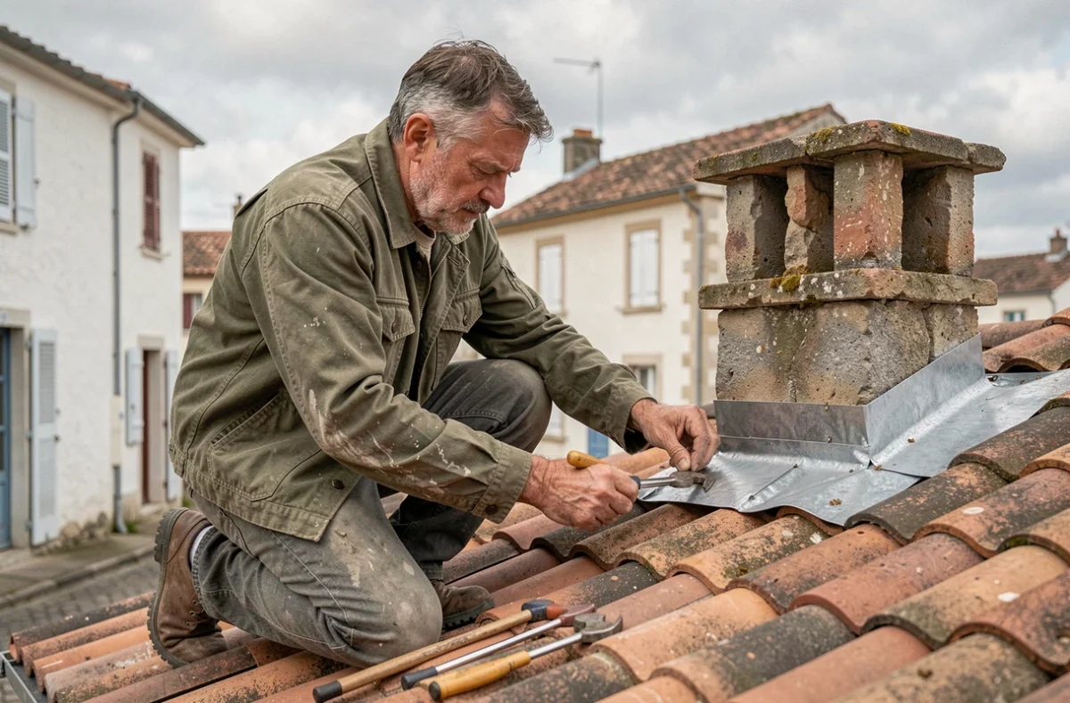 Couvreur Debard D. fixant un solinage en zinc autour d'une cheminée sur une maison en pierre vendéenne