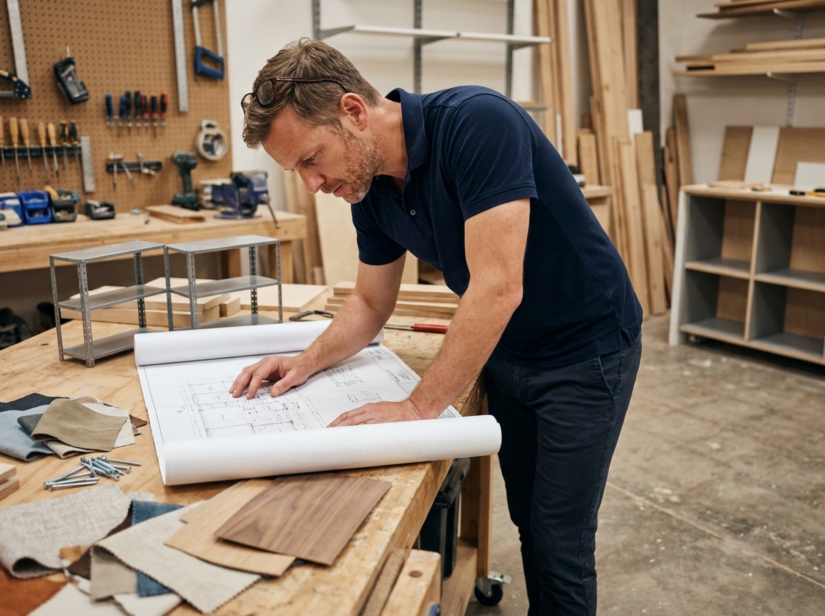 Designer en agencement commercial étudiant des plans de rayonnages pour la grande distribution dans un atelier professionnel