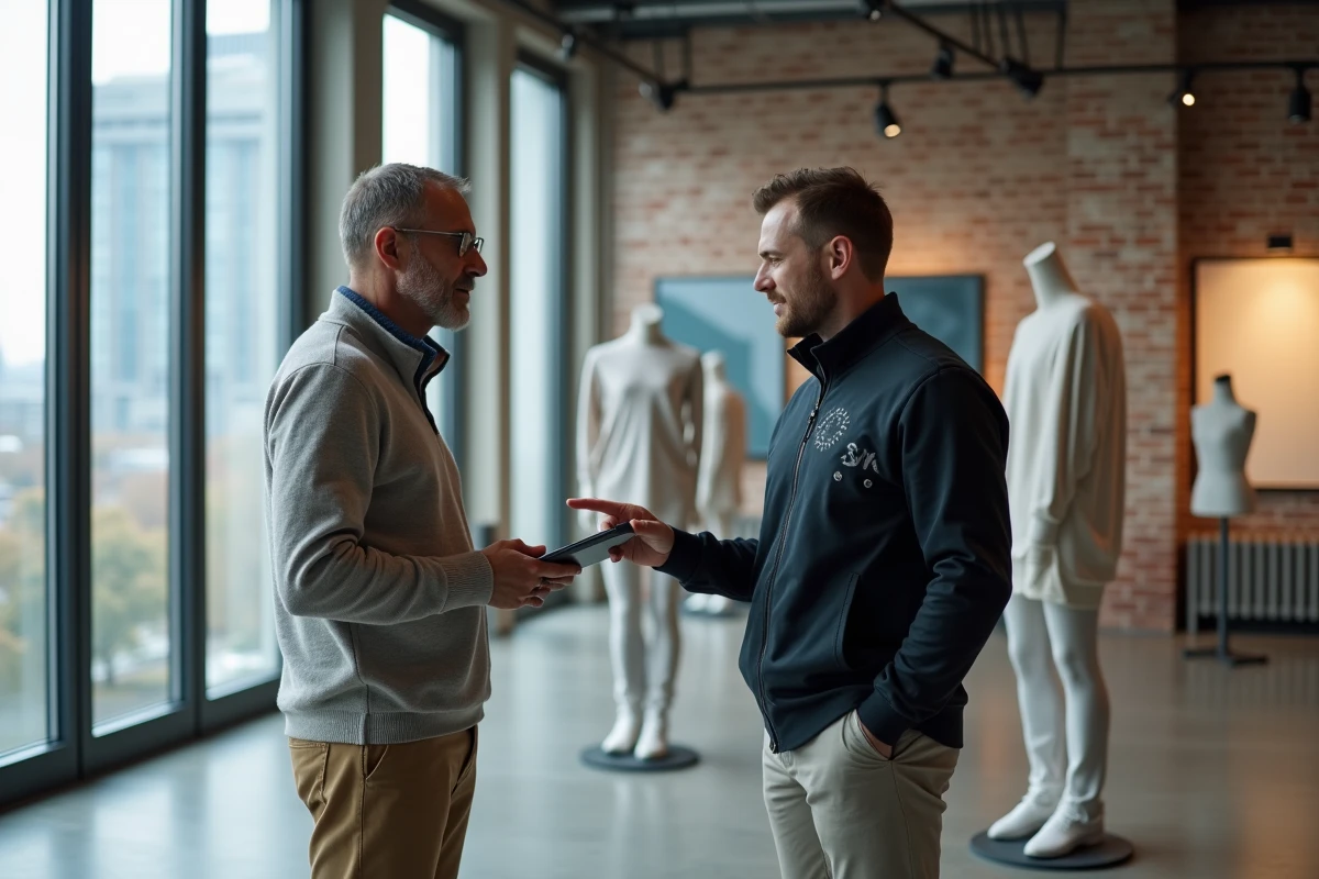 Designer de mode présentant une veste sportive connectée dans un studio