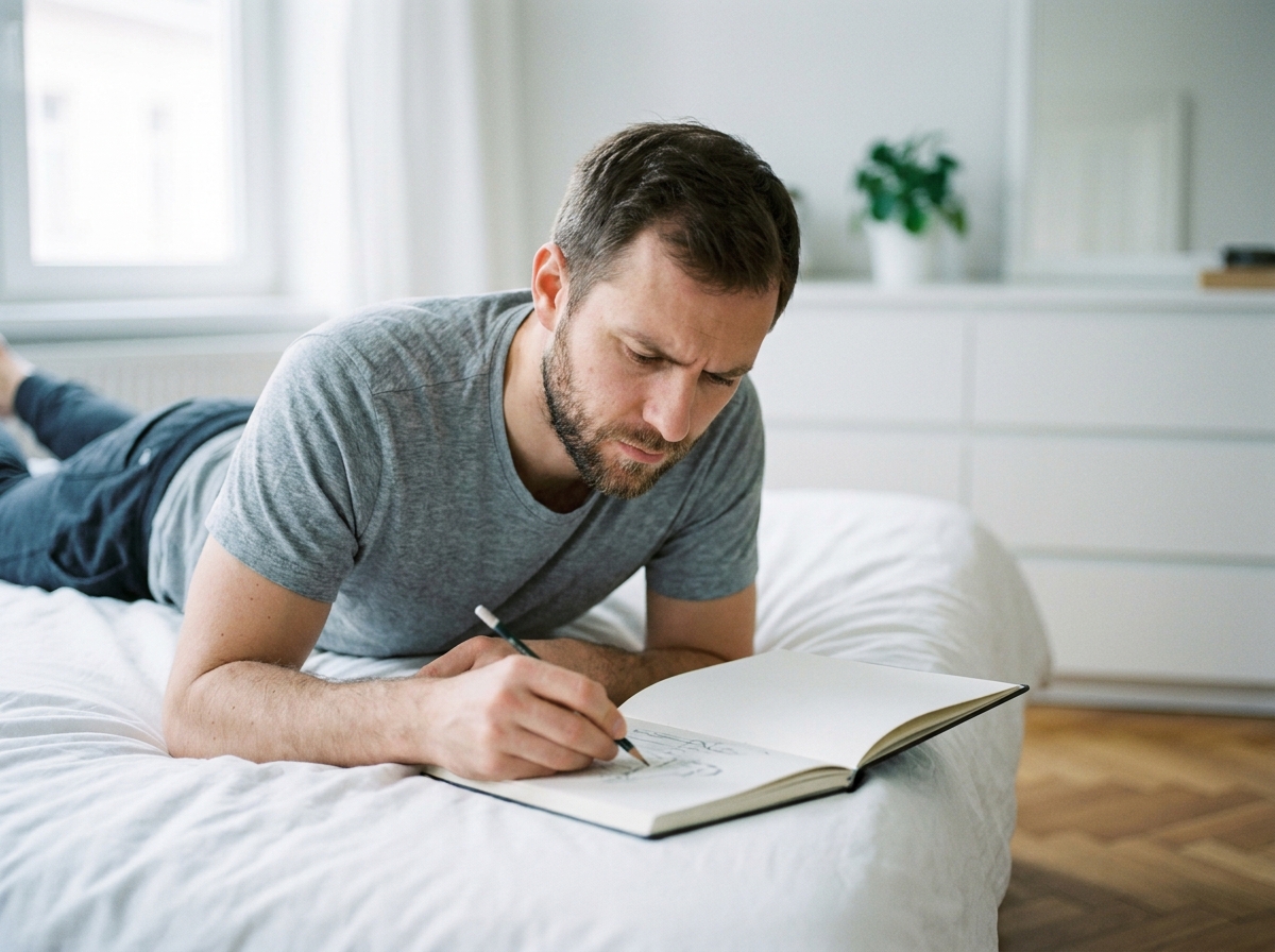 Homme allongé sur son lit en train de dessiner dans un carnet de croquis pendant la journée dans une chambre scandinave