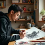 Artiste dessinant un personnage d'anime style Rengoku sur un carnet de croquis, vue en plongée légère sur le bureau d'artiste