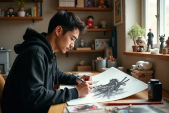 Artiste dessinant un personnage d'anime style Rengoku sur un carnet de croquis, vue en plongée légère sur le bureau d'artiste