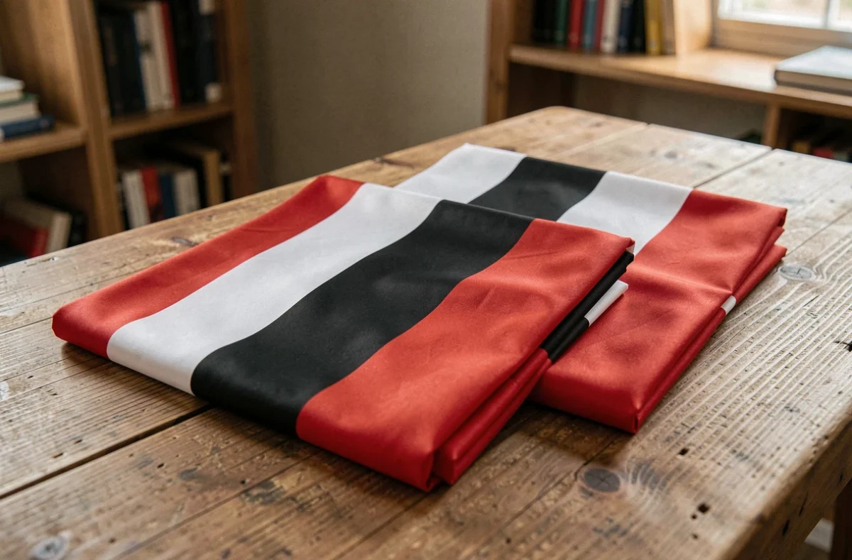 Gros plan sur deux drapeaux pliés rouge blanc noir et noir blanc rouge posés sur une table en chêne, mettant en évidence leurs différences chromatiques et symboliques