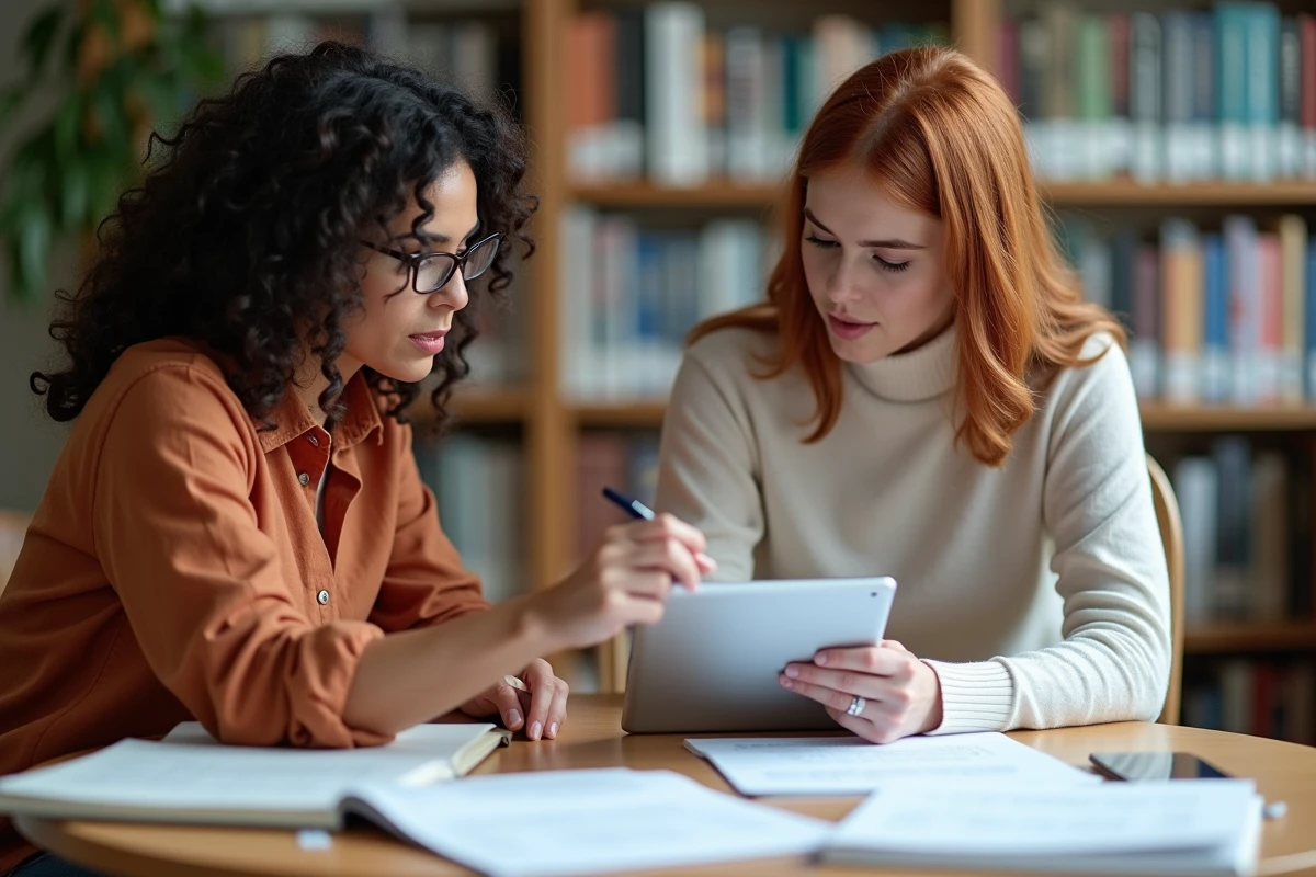 Deux femmes collaborant sur des exercices de grammaire française accordant le participe passé avec être et avoir dans une salle de bibliothèque