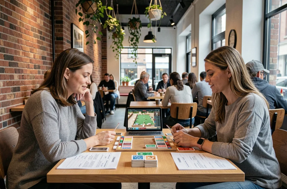 Deux femmes adultes jouant à un jeu de stratégie de bridge dans un café moderne avec une interface numérique sur tablette