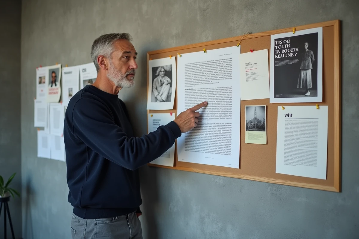 Directeur artistique présentant une mise en page combinant typographies serif et sans-serif sur un mur d'inspiration