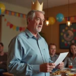 Homme faisant un discours d'anniversaire raté avec couronne en papier et carte de notes, entouré d'invités perplexes dans un salon décoré de ballons